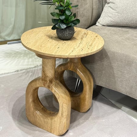 طاولة قهوة رخام ترفنتينوا  بتصميم عملي معاصر قاعده خشب بني50×45×45سم