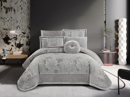 مفرش RONDA شتوي فاخر جاكار بطانية مزدوج - 200×200 سم - 7 قطع - رمادي