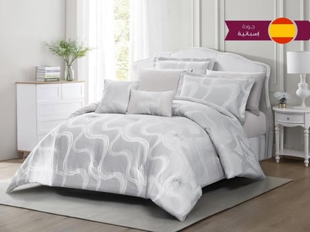 مفرش جاكار صيفي لون رمادي حشوة مثبتة بتطريز مقاس نفرين