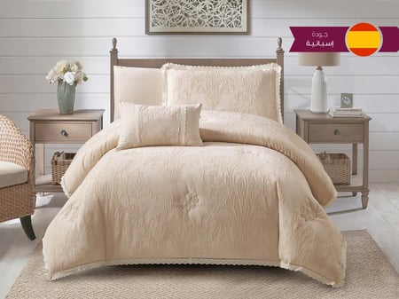 مفرش جاكار صيفي لون بيج غامق أطراف دانتيل حشوة مثبتة مقاس نفر ونص