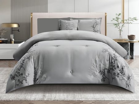 مفرش مطرز نفر ونص رمادي 6 قطع  بحشوة مثبتة متجر السلطان للمفا