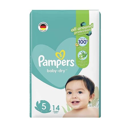 بامبرز جفاف وحيوية مقاس 5 كبير جدا 1116 كغ عبوة للحمل 14 حفاض