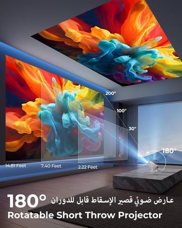 جهاز عرض صغير يرمي صور ملونة وزاهية على حائط وسقف