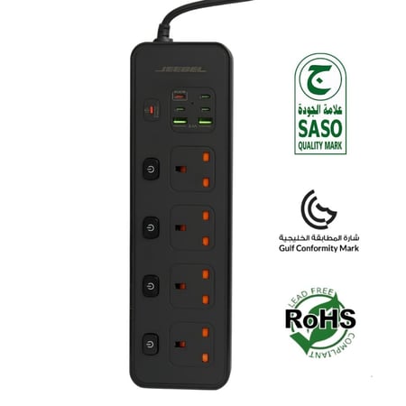 توصيلة كهرباء سوداء بها 4 مقابس UK ومنافذ USB وUSBC