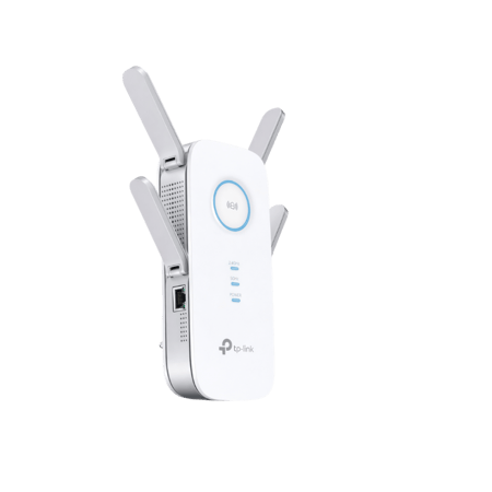 جهاز مقوي شبكة واي فاي أبيض بشعارات TPLink وأربعة هوائيات