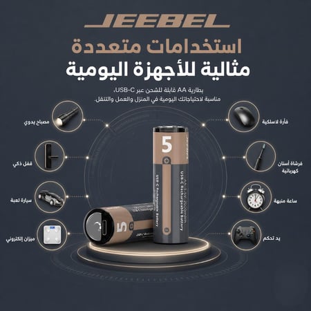 بطاريات جيبيل JE-B380 AA ليثيوم قابلة للشحن بمنفذ USB-C وقوة 2800 ملي واط في الساعة