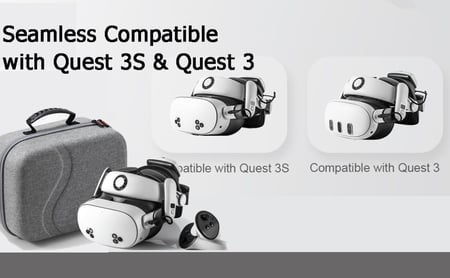 حقيبة رمادية تحوي نظارة كويست 3 و ملحقاتها بجانب صورتين توضيحيتين