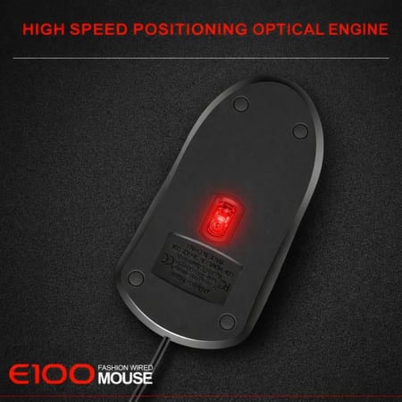 ماوس BIOJJE E100 من الأسفل مع إضاءة حمراء وعلامات تنظيمية