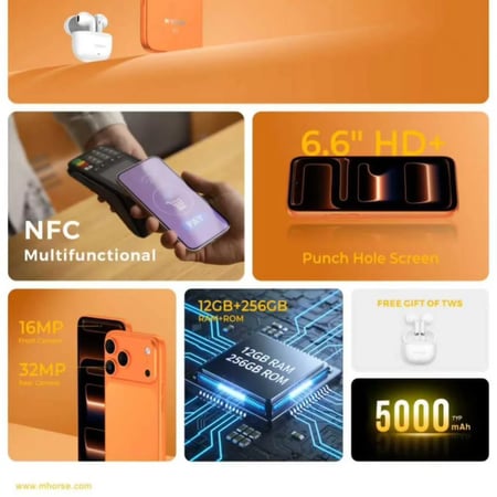 هاتف M-HORSE 17 Pro Max Plus: شاشة 6.6 بوصة، ذاكرة 128GB، رام 12GB، بطارية 5000mAh، Android 14، 4G VoLTE، WiFi 5GHz، USB Type C، هدية سماعات TWS