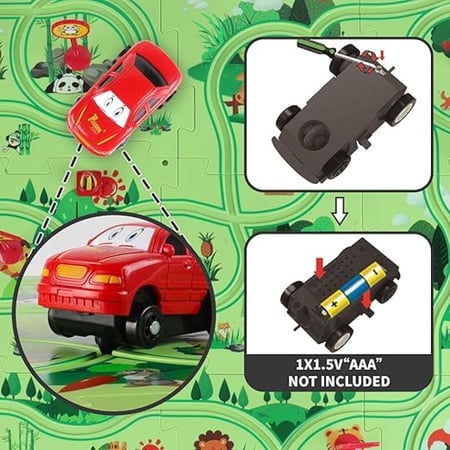 سيارة حمراء للأطفال على مسار لعب مع تعليمات تركيب البطاريات