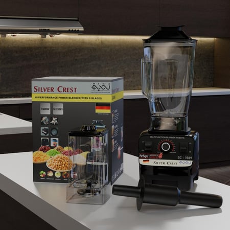 خلاط سيلفر كرست مع صندوقه و ملحقاته على طاولة مطبخ