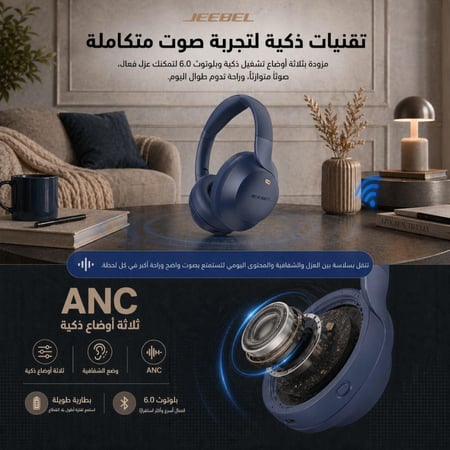 سماعة جيبل ANC PRO اللاسلكية الذكية بعزل ضوضاء متقدم بصوت ستيريو عميق بلوتوث 6.0 وقت تشغيل 55 ساعة واتصال متعدد الاجهزة وثلاثة اوضاع تشغيل