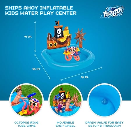مسبح القراصنة مع سفينة مائية قابلة للنفخ وأخطبوط