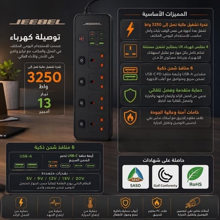 توصيلة كهرباء سوداء بها 4 مقابس UK مستقلة ومنافذ USB و USBC