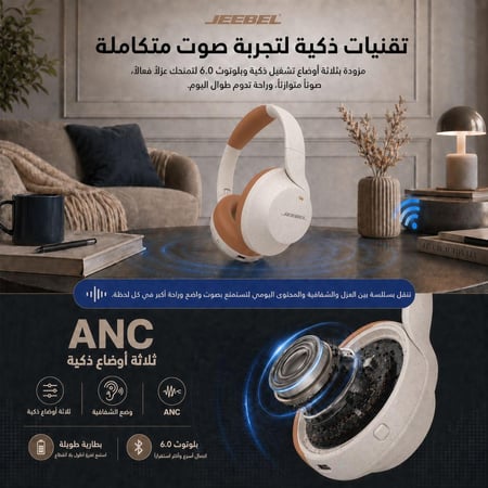 سماعة جيبل ANC PRO اللاسلكية الذكية بعزل ضوضاء متقدم بصوت ستيريو عميق بلوتوث 6.0 وقت تشغيل 55 ساعة واتصال متعدد الاجهزة وثلاثة اوضاع تشغيل