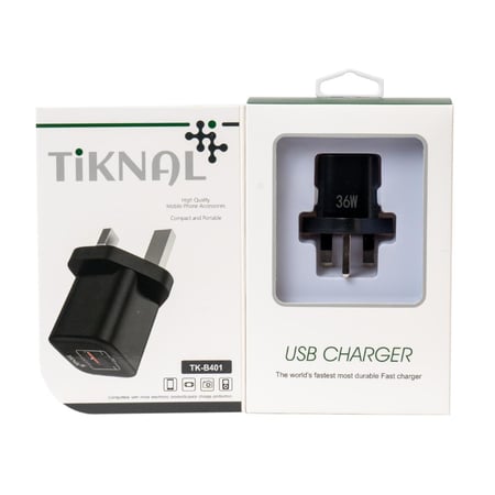 شاحن جداري أسود بقوة 36 واط مع منفذ USB C و USB A