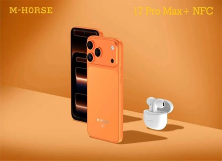 هاتف M-HORSE 17 Pro Max Plus: شاشة 6.6 بوصة، ذاكرة 128GB، رام 12GB، بطارية 5000mAh، Android 14، 4G VoLTE، WiFi 5GHz، USB Type C، هدية سماعات TWS