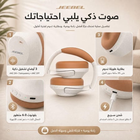 سماعة جيبل ANC PRO اللاسلكية الذكية بعزل ضوضاء متقدم بصوت ستيريو عميق بلوتوث 6.0 وقت تشغيل 55 ساعة واتصال متعدد الاجهزة وثلاثة اوضاع تشغيل
