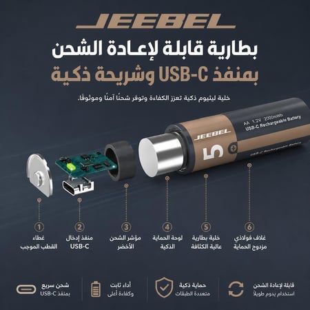بطاريات جيبيل JE-B380 AA ليثيوم قابلة للشحن بمنفذ USB-C وقوة 2800 ملي واط في الساعة