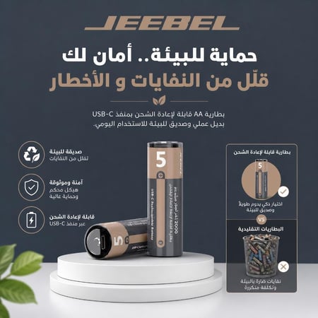 بطاريات جيبيل JE-B380 AA ليثيوم قابلة للشحن بمنفذ USB-C وقوة 2800 ملي واط في الساعة