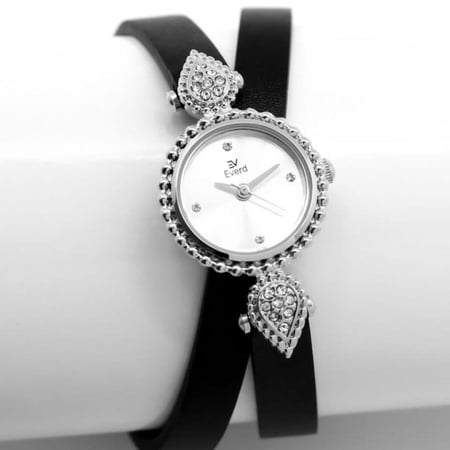 ساعه نسائيه جلد  اسود علا فضي