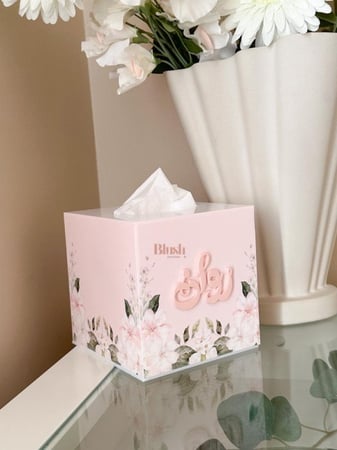 علبة مناديل / مع تصميم Apple Blossoms وكتابة بالاكريلك
