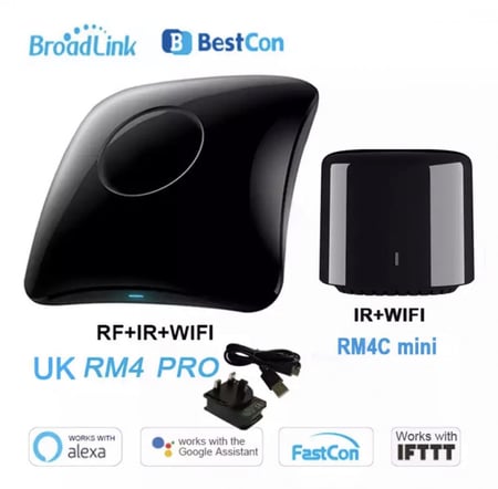 طقم ريموت كنترول ذكي شامل من برودلينك RM4 Pro و RM4C Mini مع محول USB بريطاني - محور تحكم بالأشعة تحت الحمراء والترددات اللاسلكية لـ أليكسا وجوجل هوم