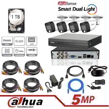 طقم داهوا 4 كاميرات خارجيه 5 ميجا بيكسل بالاضاءه الليله الذكية وهاردسك 2 تيرا