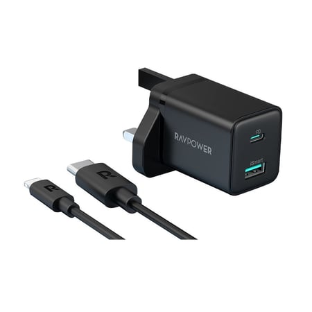 شاحن راف باور تايب سي 20 واط ومنفذ USB مع سلك شاحن ايفون