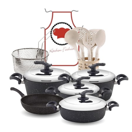 طقم قدور جرانيت غطاء ستيل - 18 قطعة - بيج