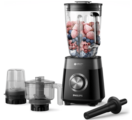 خلاط من سلسلة 5000 مع 3 سرعات + سرعة إضافية تقنية برو بليند بلس مفرمة ومطحنة بقدرة 1200 واط وسعة 2 لتر فيليبس، لون أسود