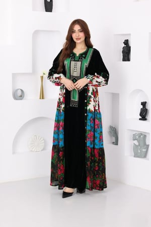 جلابية مخمل بتطريز عسيري وكلفة جنوبية تراثية وقماش الشالكي