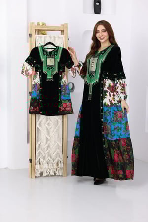 جلابية مخمل بتطريز عسيري وكلفة جنوبية تراثية وقماش الشالكي