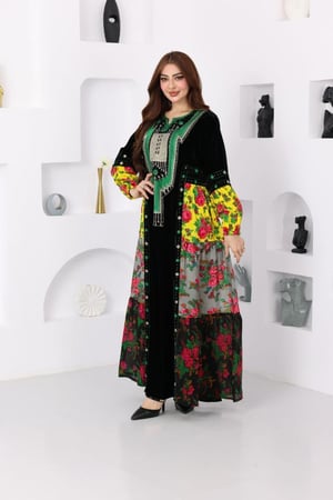 جلابية مخمل بتطريز عسيري وكلفة جنوبية تراثية وقماش الشالكي