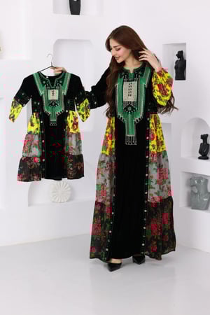 جلابية مخمل بتطريز عسيري وكلفة جنوبية تراثية وقماش الشالكي