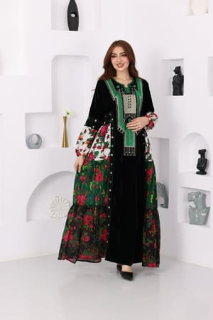 جلابية مخمل بتطريز عسيري وكلفة جنوبية تراثية وقماش الشالكي