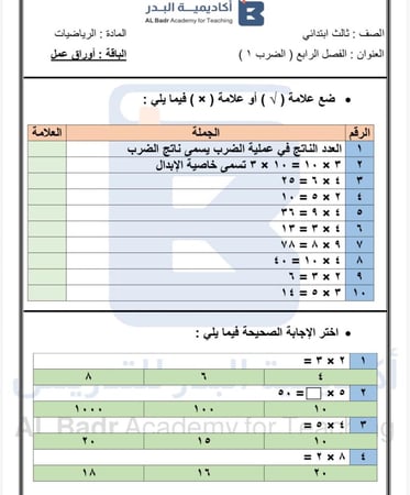 أوراق عمل لمادة الرياضيات - صف ثالث ابتدائي للفصل الدراسي الأول
