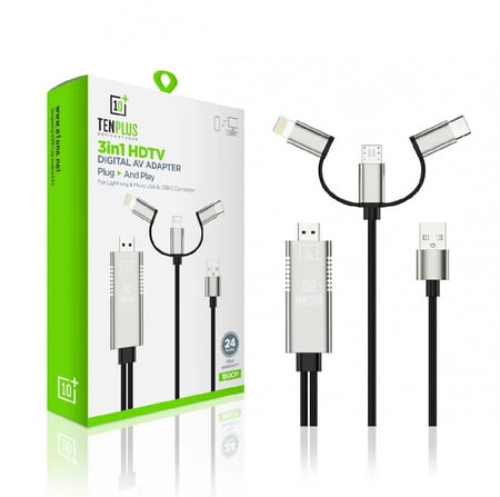 كيبل انعكاس الشاشة 3 في 1 ايفون وتايب سي TENPLUS T3446