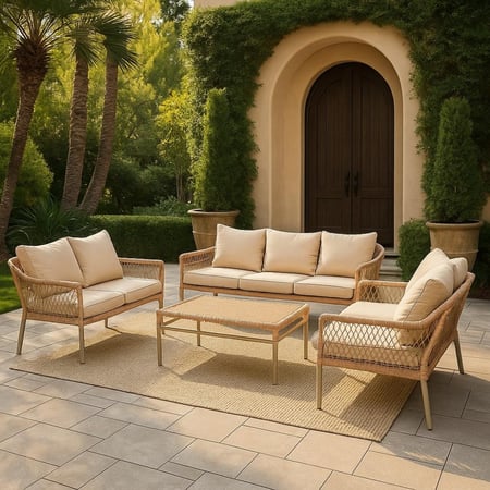 طقم جلسة خارجية فاخر 5 قطع لون بيج | كنب حدائق أنيق مع طاولة قهوة ومقاعد مريحة