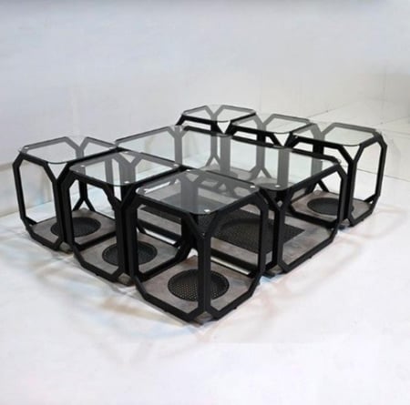 طقم طاولات شاي مودرن خشب راتان سطح زجاج 7 قطع لون رمادي من كاما