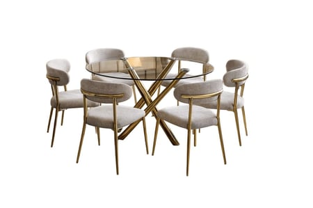 طقم طاولة طعام زجاج 6 كراسي لون بيج*ذهبي غامق بتصميم عصري أناقة وجودة عالية