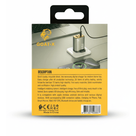 شاحن GOAT-X 65W GaN – ثلاث منافذ USB Type-C بشحن فائق السرعة وضمان 5