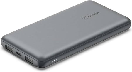 باور بانك محمول بقوة 10000 مللي أمبير في الساعة من Belkin، شاحن محمول 10K USB، C مع منفذ USB، C ومنفذين USB، A، حزمة بطارية لشحن يصل إلى 15 وات لأجهزة iPhone وSamsung Galaxy وAirPods وiPad، لون رمادي