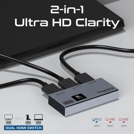 التوصيل الفوري والأداء العالي بدقة عالية تصل 8K@60 هرتز مع تحكم ذكي باللمس مع جهاز Promate Media Switch-2T