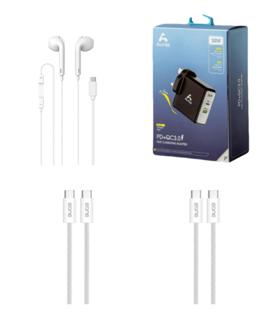 EONE - سماعة سلكية تايب سي + EONE - كيبل شحن قماش تايب سي - تايب سي 60 واط + فيش جداري من Auras 38 watt