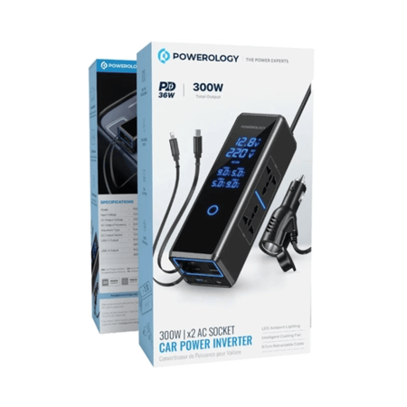 محول طاقة للسيارة بقوة 300 واط مع كيبل POWEROLOGY