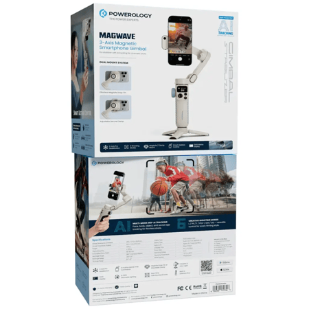 حامل جوال ثلاثي المحاور بميزة تتبع الذكاء الاصطناعي مع إضاءة مدمجة بورولوجي POWEROLOGY Magwave Gimbal