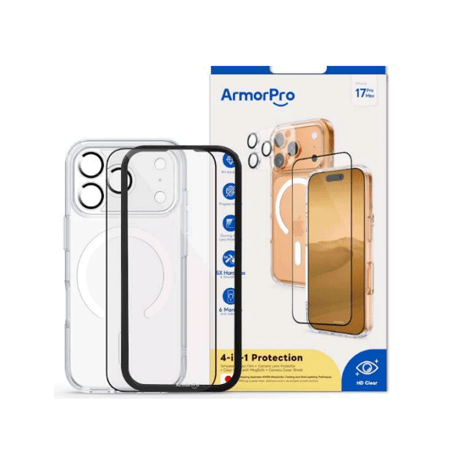 أرمر برو - بكج 4 في 1 ماج سيف حماية متكاملة أيفون 17 برو ماكس - شفاف