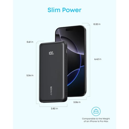 باور بنك أنكر زولو 10,000 ملي أمبير ـ 22.5 واط مع كابل USB-C مدمج ، أسود | A110DH11
