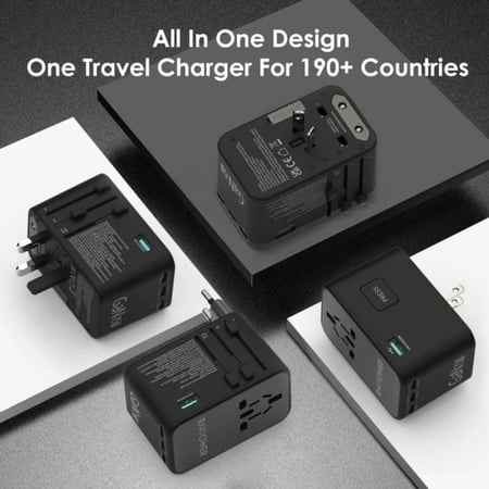 راف باور - فيش سفر بقوة 75 واط متعدد المداخل مع ثلاث منافذ تايب سي ومنفذ USB-A - اسود